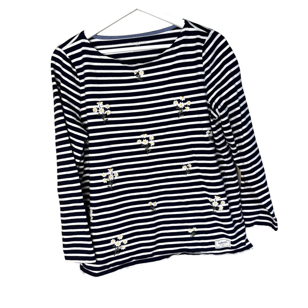 Talbots TeeTop Large Petite Blue Striped Embroidered Daisy Floral
